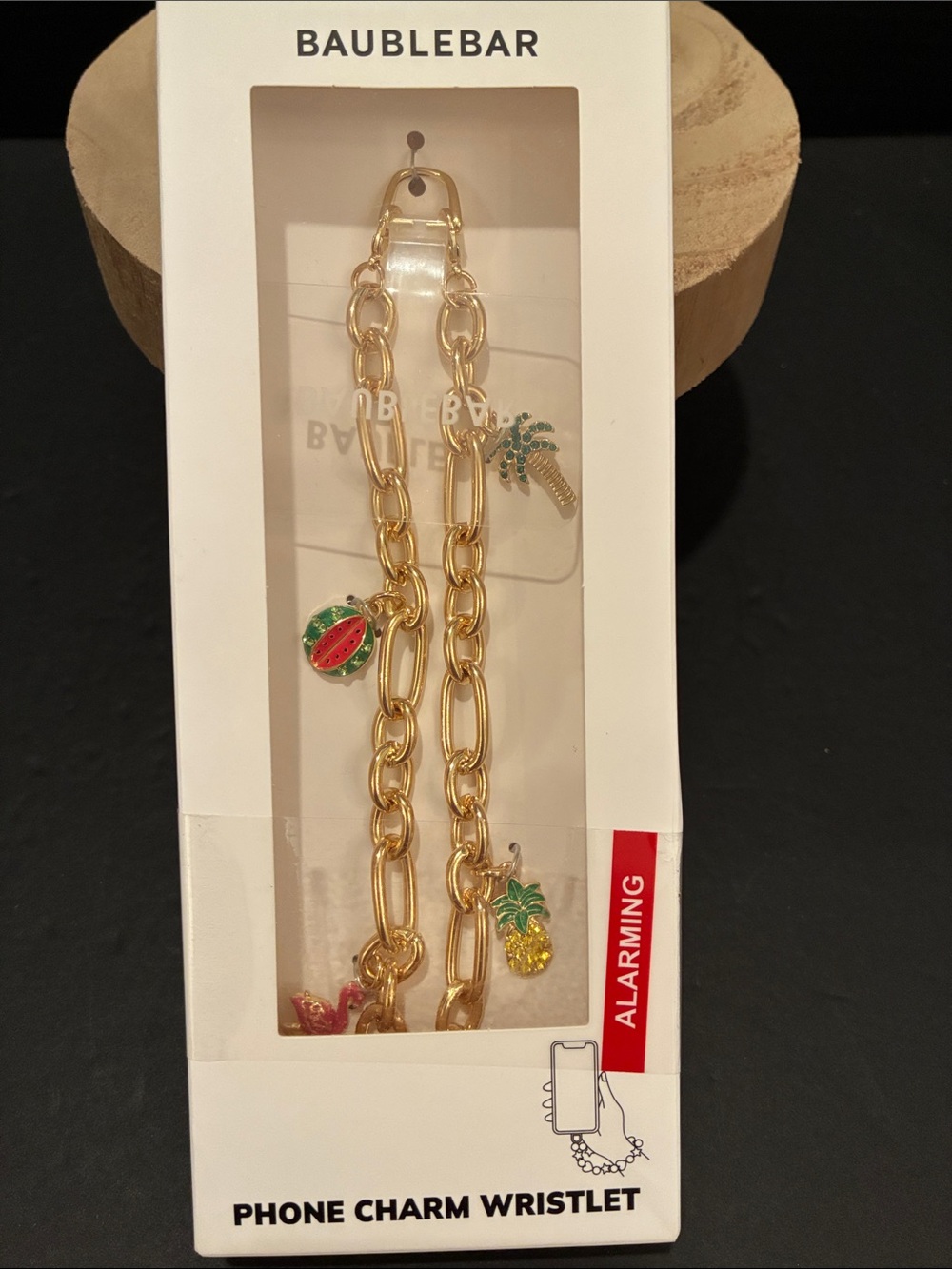 BaubleBar Chain Phone Wristlet with Fruit 🍉, Flamingo 🦩 and Palm Tree 🌴 Charms.